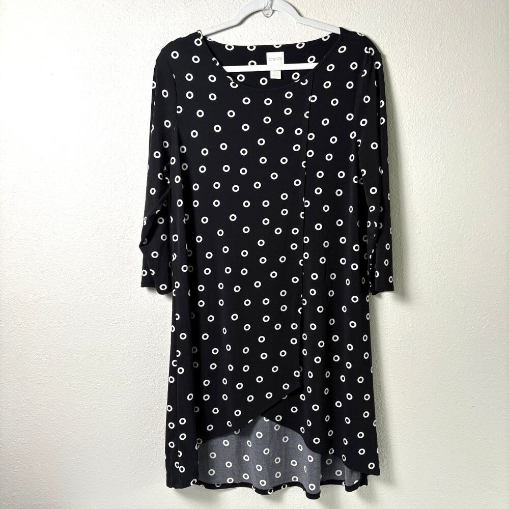 Chicos Tunic Top Size 2 US‎ L Black White Circles Asymmetric Hem 3/4 Sleeves